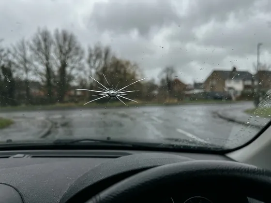 Steinschlag in einer Windschutzscheibe, fotografiert von innen